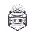 Vintage Hot Dog joint. Retro fast food illustration. Logo wiener design. Royalty Free Stock Photo