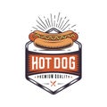 Vintage Hot Dog joint. Retro fast food illustration. Logo wiener design.