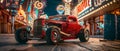 Vintage hot rods parked outside old Las Vegas casinos with neon signs sculptures and cans on a