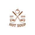 Vintage hot soto soup logo with crossed soup paddle ladle and big hot bowl illustration icon