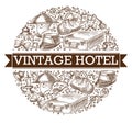 Vintage hotel banner with ribbon monochrome sketch