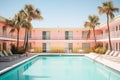 Vintage hotel with swimming pool in yard at tropical resort. Generative AI