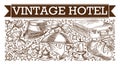 Vintage hotel symbolic icons monochrome sketch