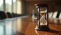 Vintage hourglass on conference table with falling sand signifying time running. Old timer measures countdown, time pressure. Royalty Free Stock Photo
