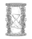 Vintage hourglass with floral ornament. Engraved style. Isolated object.