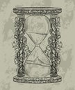 Vintage hourglass with floral ornament. Engraved style. Isolated object.
