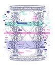 Vintage hourglass with floral ornament and glitch pixel noise. Engraved style. Isolated object.