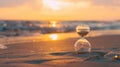 A vintage hourglass on a sandy beach at sunset, with sand passing through its glass bulbs, Ai Generated