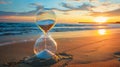 A vintage hourglass on a sandy beach at sunset, with sand passing through its glass bulbs, Ai Generated