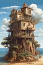 Vintage house over sea, scenery of surreal home on island, generative AI Royalty Free Stock Photo