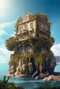 Vintage house on rock over sea, scenery of surreal home on island, generative AI Royalty Free Stock Photo