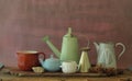 Vintage household objects and kitchen utensils,coffee pot,beaker,watering can and mug with free copy space