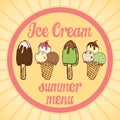 Vintage Ice Cream Poster. Vector illustration. Set of tasty ice cream with text summer menu