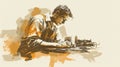 Vintage illustration of craftsman working intently at workbench with tools in workshop Royalty Free Stock Photo