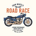Road Race Motorcycle Vintage Illustration, Iron Wheels, Legend Performance, Union Supply Co. Retro Design Royalty Free Stock Photo