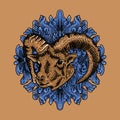 vintage illustration goat`s head with a blue ornament background