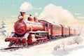 Vintage illustration of an old red train decorated for Christmas. Steam locomotive, passenger cars and snowy scenery. Royalty Free Stock Photo