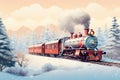 Vintage illustration of an old red train decorated for Christmas. Steam locomotive, passenger cars and snowy scenery. Royalty Free Stock Photo