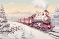 Vintage illustration of an old red train decorated for Christmas. Steam locomotive, passenger cars and snowy scenery. Royalty Free Stock Photo