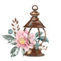 Vintage illustration. Old rusty kerosene lamp lantern and bouquet with a beautiful dahlia flower and leaves. Royalty Free Stock Photo