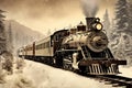 Vintage illustration of an old train decorated for Christmas. Steam locomotive, passenger cars and snowy scenery. Royalty Free Stock Photo