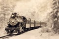 Vintage illustration of an old train decorated for Christmas. Steam locomotive, passenger cars and snowy scenery. Royalty Free Stock Photo