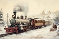 Vintage illustration of an old train decorated for Christmas. Steam locomotive, passenger cars and snowy scenery. Royalty Free Stock Photo