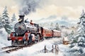 Vintage illustration of an old train decorated for Christmas. Steam locomotive, passenger cars and snowy scenery. Royalty Free Stock Photo