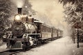 Vintage illustration of an old train decorated for Christmas. Steam locomotive, passenger cars and snowy scenery. Royalty Free Stock Photo