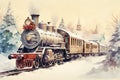 Vintage illustration of an old train decorated for Christmas. Steam locomotive, passenger cars and snowy scenery. Royalty Free Stock Photo