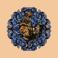 vintage illustration Roosters with blue ornament