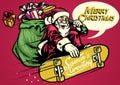 vintage illustration santa ride skateboard and carrying a bag full of gifts