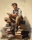 Vintage illustration of a student reading on a pile of books