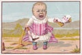 Vintage illustration trading card with crying baby holding a broken doll.