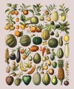 A vintage illustration of a wide variety of fruits and vegetables Royalty Free Stock Photo