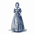 Elegant 1860s Woman Drawing In Dark Blue And White