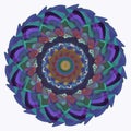 FEAHTERS MANDALA FLOWER. PLAIN LIGHT GRAY BACKGROUND, CENTRAL FLOWER IN VIOLET, BLUE, GREEN, RED, GRAY, Royalty Free Stock Photo