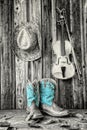 Vintage image of cowboy hat and boots and a fiddle Royalty Free Stock Photo