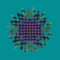 MANDALA FLOWER. TEXTURED IMAGE. PLAIN TURQUOISE BACKGROUND. CENTRAL FLOWER IN PURPLE, BLUE, GREEN AND WHITE