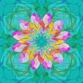 FLORAL MANDALA. LINEAR DESIGN. TIFFANY STYLE. ABSTRACT BACKGROUND. CENTRAL FLOWER IN FUCHSIA, YELLOW, PINK, PURPLE, TURQUOISE