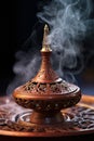 Vintage incense burner with detailed carving and smoke Royalty Free Stock Photo