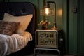 a vintage industrial lamp on a metal bedside cabinet