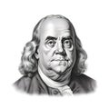 A vintage ink engraving print of a full-face headshot portrait of Benjamin Franklin against a pure white background with copy