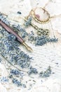 Vintage ink pen, key, perfume, lavender flowers and old love let Royalty Free Stock Photo
