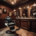 A vintage-inspired barbershop with a traditional barber chair and antique grooming tools2