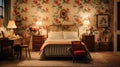 A vintage-inspired bedroom with floral wallpaper.