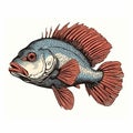 Vintage-inspired Blue And Red Fish Sketch On White Background