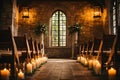 vintage-inspired ceremony in an old-world chapel with weathered stone walls. AI Generated