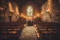 vintage-inspired ceremony in an old-world chapel with weathered stone walls. AI Generated