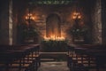 vintage-inspired ceremony in an old-world chapel with weathered stone walls. AI Generated